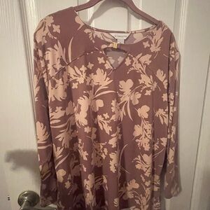 Liz Claiborne Floral Long Sleeve Top - Mauve and Cream XL